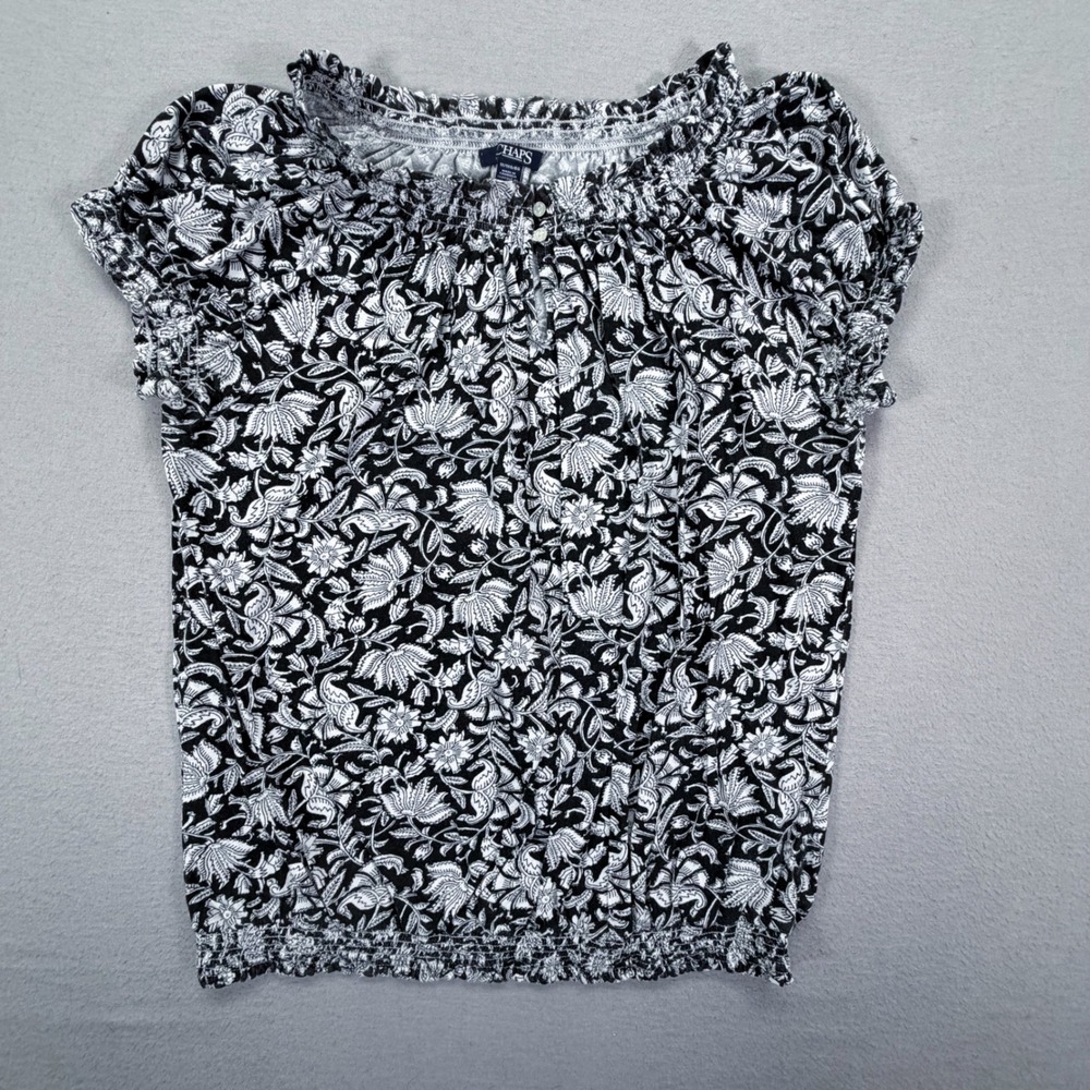 Chaps Blouse Womens 1X Black White Floral Paisley Smocked Cotton Top